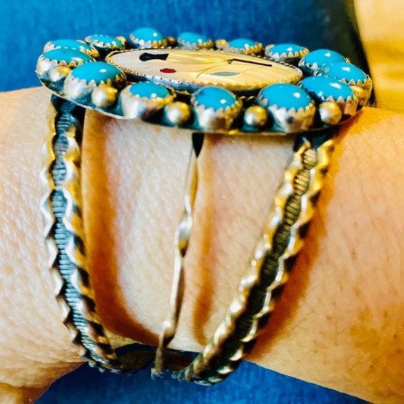 2XHP💕Vintage Navajo Turquoise MOP Inlay .925 Cuff - Picture 2 of 7